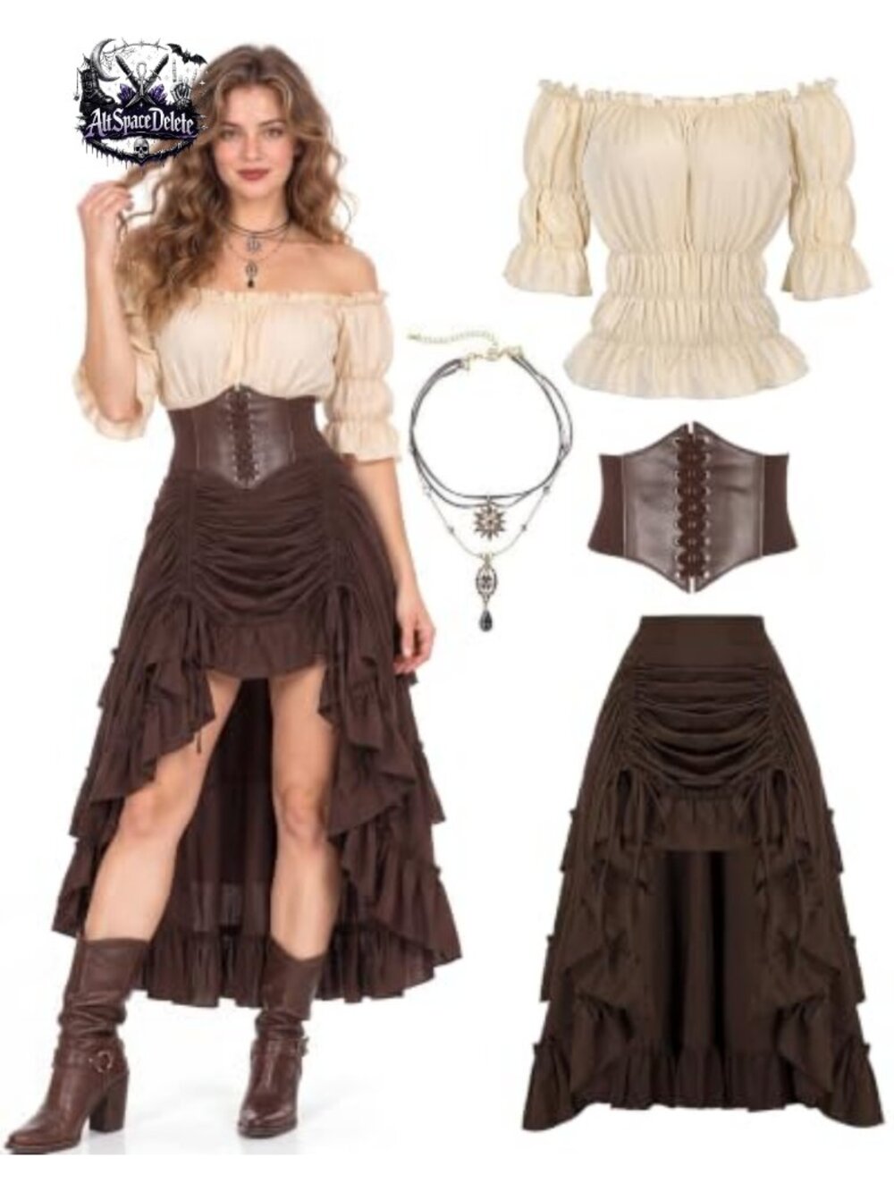 Women's Renaissance Pirate Costume Blouse Skirt Corset Belt Necklace Set